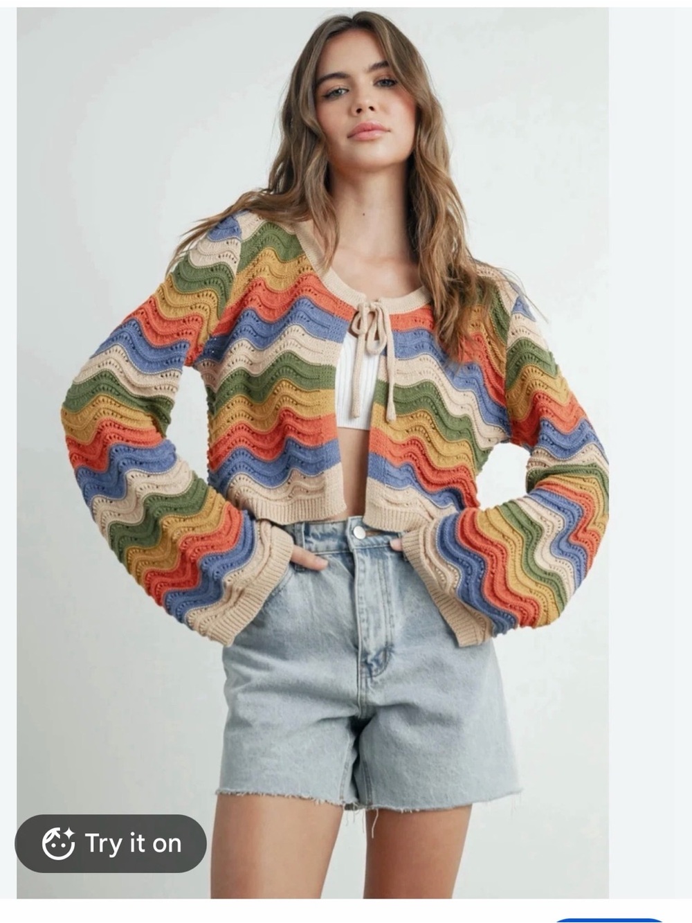 NIP Boutique Westly Butter Melon Sunny Days Open Front Tie Cardigan Multi Large